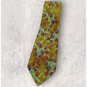KENZO Silk Tie ITALY Green Purple Floral Leaf W:3.6" EUC